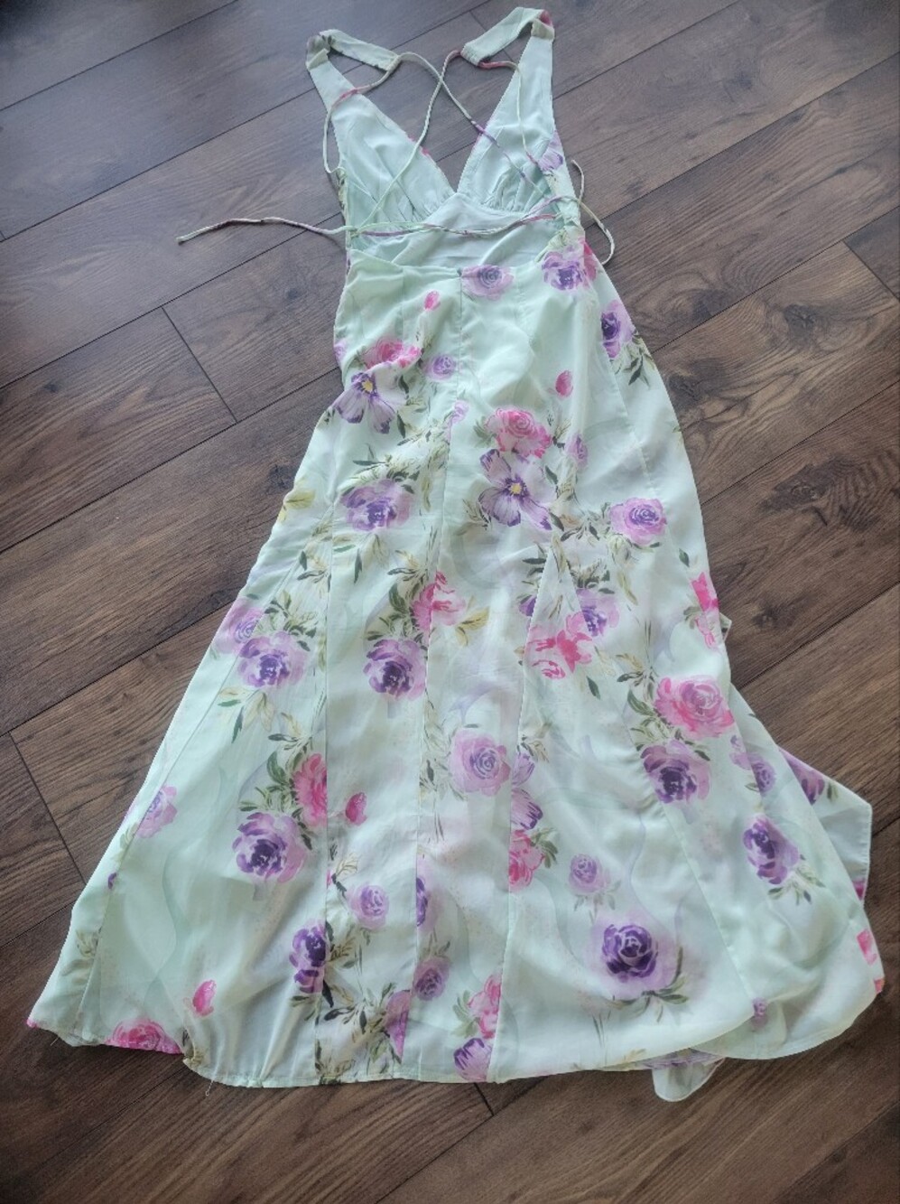 Mint Green Floral Ruffle Maxi Dress Strappy Back Romantic Garden Party Dress 8 - Picture 5 of 8